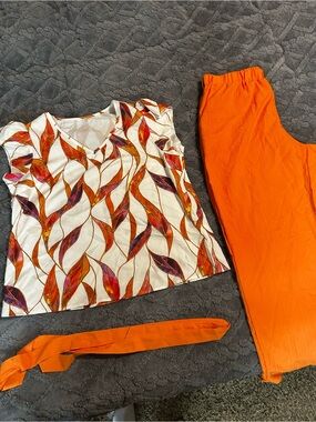 White Top with Orange & Multicolor Leaf Print + Bright Orange Pants